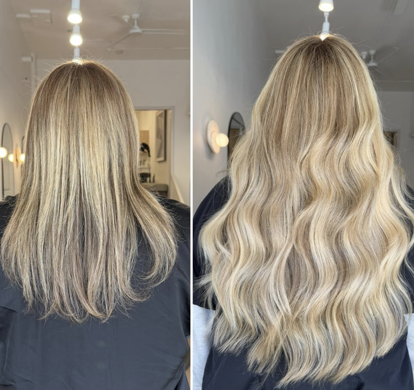 Before and after transformation to long, softly waved blonde hair